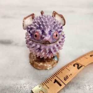 swarovski crystal and purple enamel puffer fish trinket box on stand